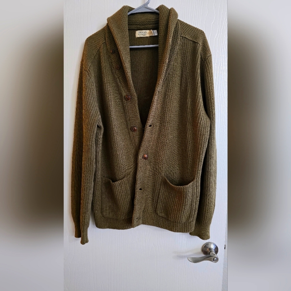 Polo by Ralph Lauren Olive Green Cardigan Sweater with Shawl Collar